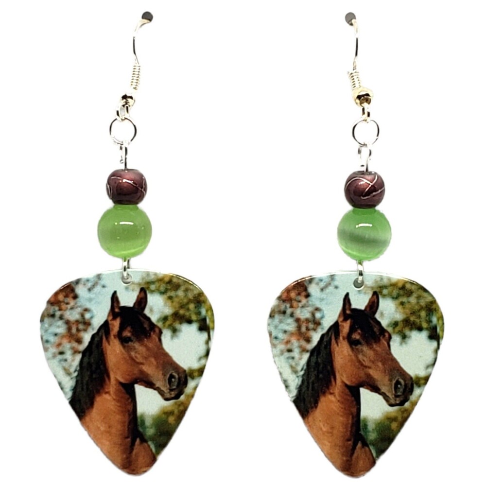 Brown Horse Farm Animal Guitar Pick Beaded Earrings - Handmade in USA